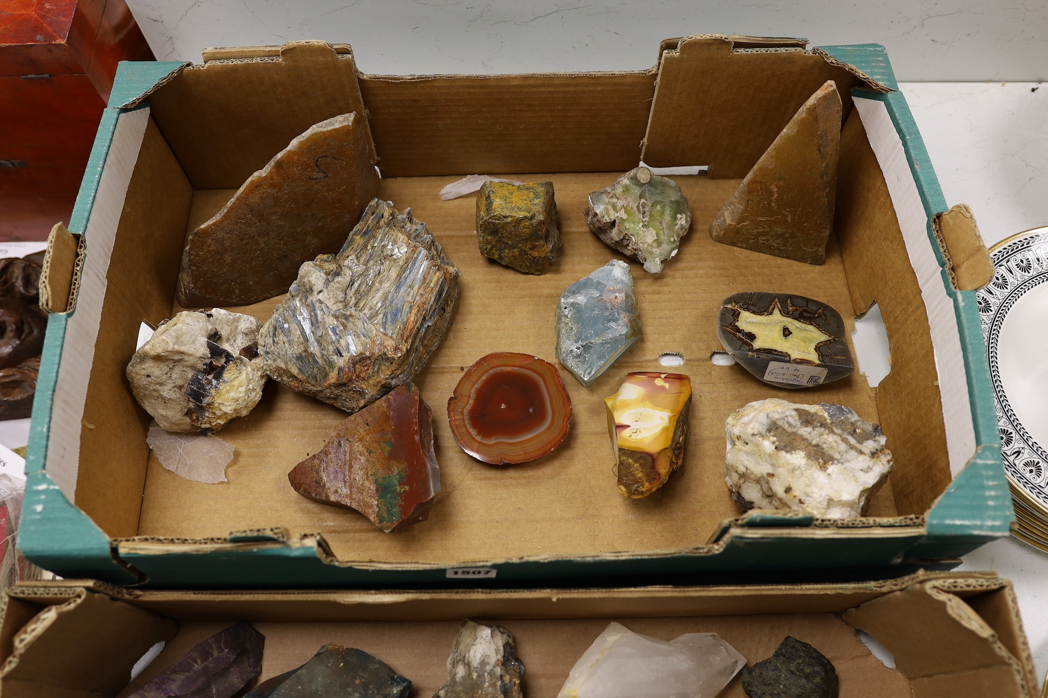 A quantity of assorted rocks and minerals including malachite, labradorite, bloodstone, agate etc.